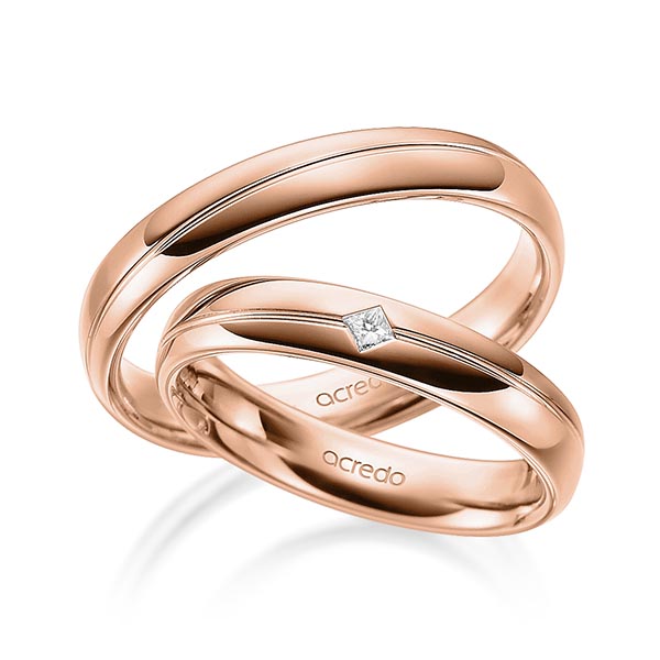 Set Klassieke trouwringen in roodgoud 14 kt. met in totaal 0,04 ct. Princess-Diamant tw/si van acredo