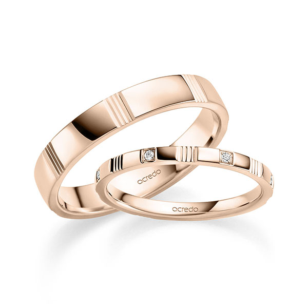 Set Klassieke trouwringen in roodgoud 14 kt. met in totaal 0,056 ct. Briljant tw/si van acredo