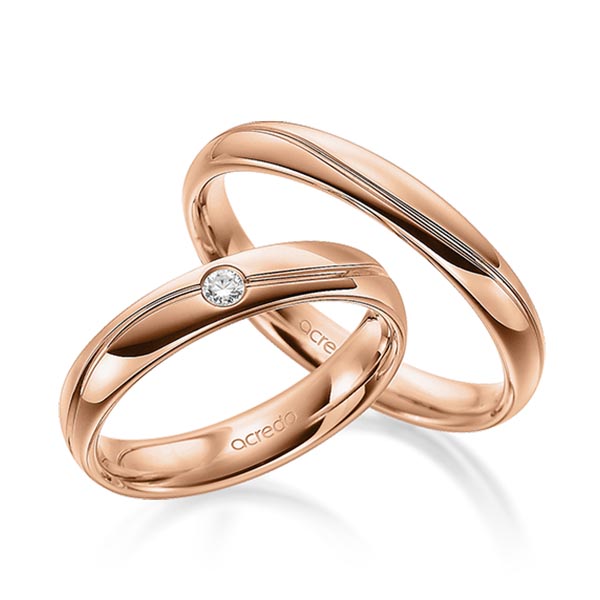 Set Klassieke trouwringen in roodgoud 14 kt. met in totaal 0,05 ct. Briljant tw/si van acredo
