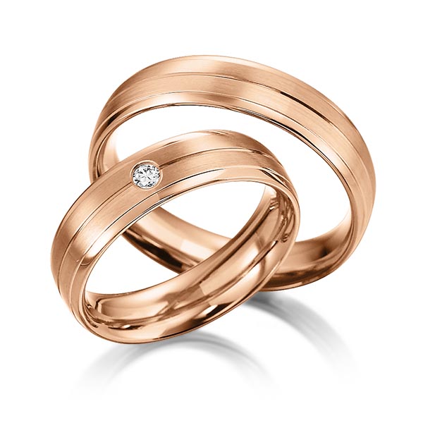 Set Klassieke trouwringen in roodgoud 14 kt. met in totaal 0,05 ct. Briljant tw/si van acredo - S-1156-7