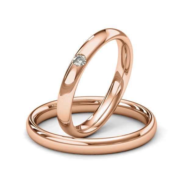 Set klassieke trouwringen in roodgoud 14 kt. met in totaal 0,05 ct. Briljant tw/si van Merii