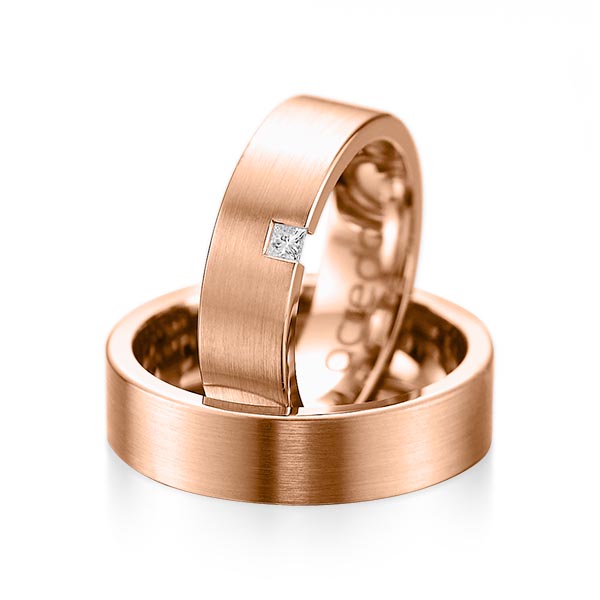 Set klassieke trouwringen in roodgoud 14 kt. met in totaal 0,05 ct. Princess-Diamant tw/si van acredo - A-1075-6