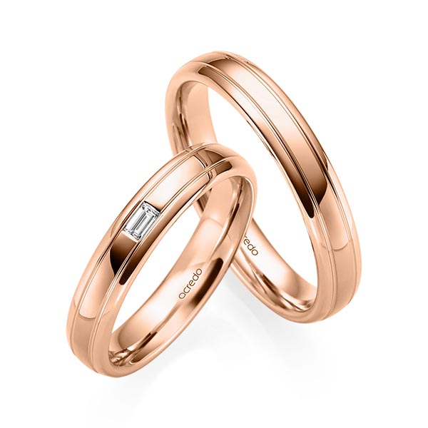 Set Klassieke trouwringen in roodgoud 14 kt. met in totaal 0,06 ct. Baguette-Diamant tw,vs van acredo