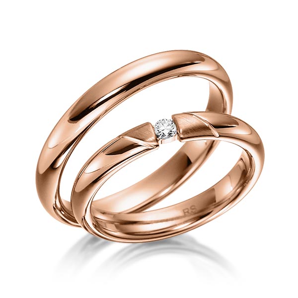 Set klassieke trouwringen in roodgoud 14 kt. met in totaal 0,06 ct. Briljant tw/si van acredo - S-1134-2