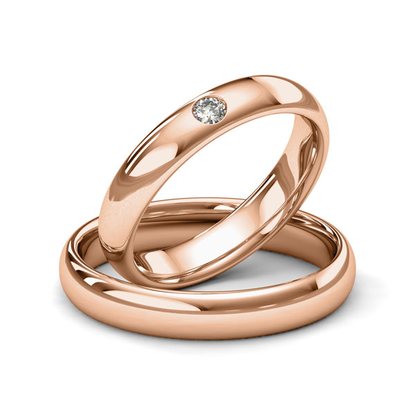 Set klassieke trouwringen in roodgoud 14 kt. met in totaal 0,06 ct. Briljant tw/si van Merii