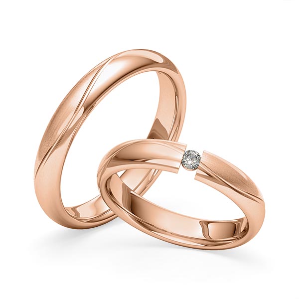Set Klassieke trouwringen in roodgoud 14 kt. met in totaal 0,06 ct. Briljant tw/si van Merii