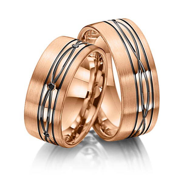 Set Klassieke trouwringen in roodgoud 14 kt. met in totaal 0,06 ct. Briljant Zwart van Merii