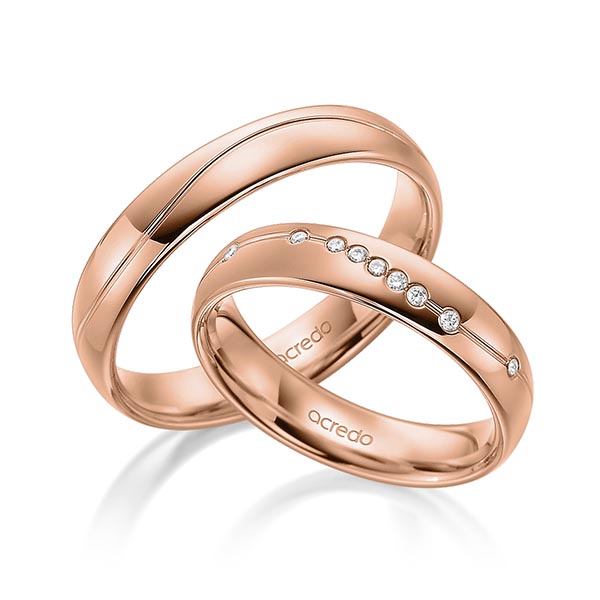 Set Klassieke trouwringen in roodgoud 14 kt. met in totaal 0,072 ct. Briljant tw/si van acredo