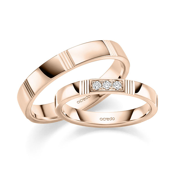 Set Klassieke trouwringen in roodgoud 14 kt. met in totaal 0,075 ct. Briljant tw,vs van acredo