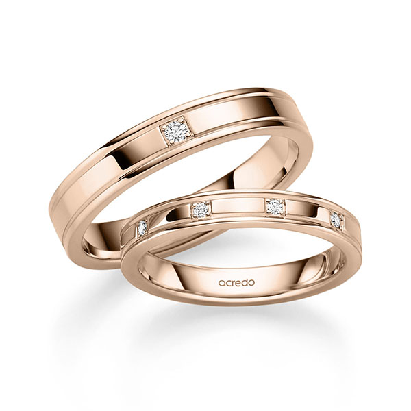 Set Klassieke trouwringen in roodgoud 14 kt. met in totaal 0,075 ct. Briljant tw/si van acredo