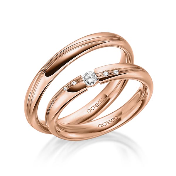 Set Klassieke trouwringen in roodgoud 14 kt. met in totaal 0,07 ct. Briljant tw/si van acredo