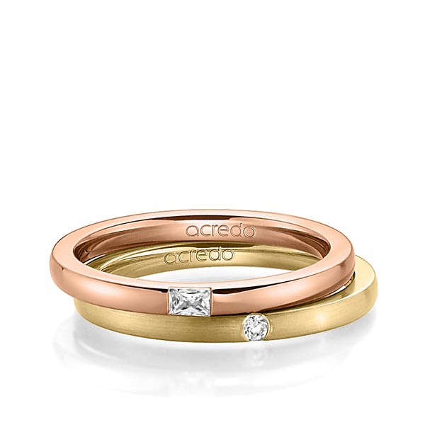 Set klassieke trouwringen in roodgoud 14 kt. met in totaal 0,095 ct. Baguette-Diamant & Briljant tw,vs tw/si van acredo