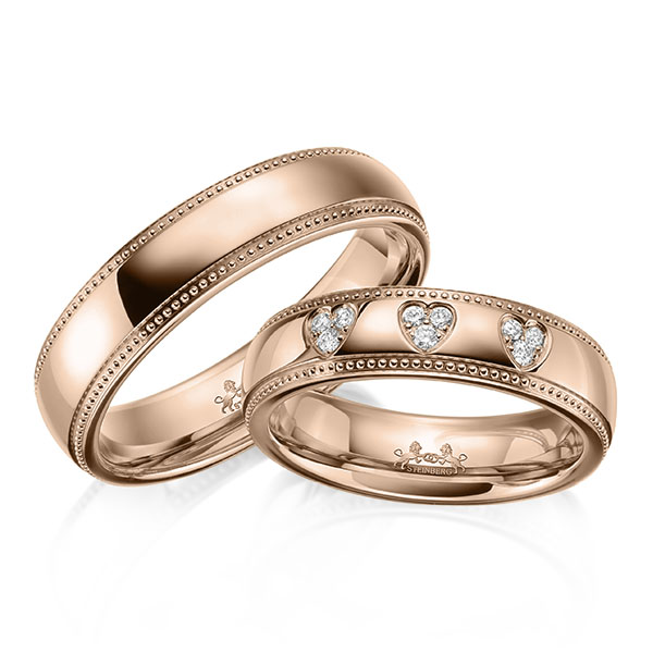 Set Klassieke trouwringen in roodgoud 14 kt. met in totaal 0,09 ct. Briljant tw/si van Steinberg - Q-1646-7 Set Klassieke trouwringen in roodgoud 14 kt. met in totaal 0,09 ct. Briljant tw/si van Steinberg - Q-1646-7