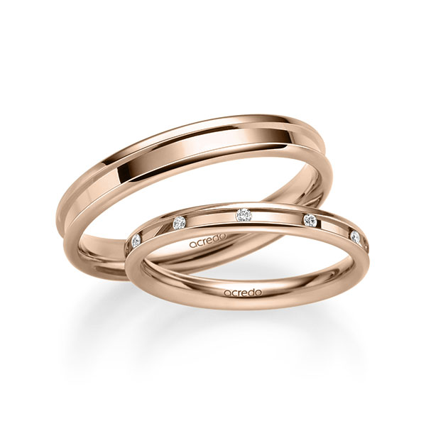 Set Klassieke trouwringen in roodgoud 14 kt. met in totaal 0,11 ct. Briljant tw/si van acredo