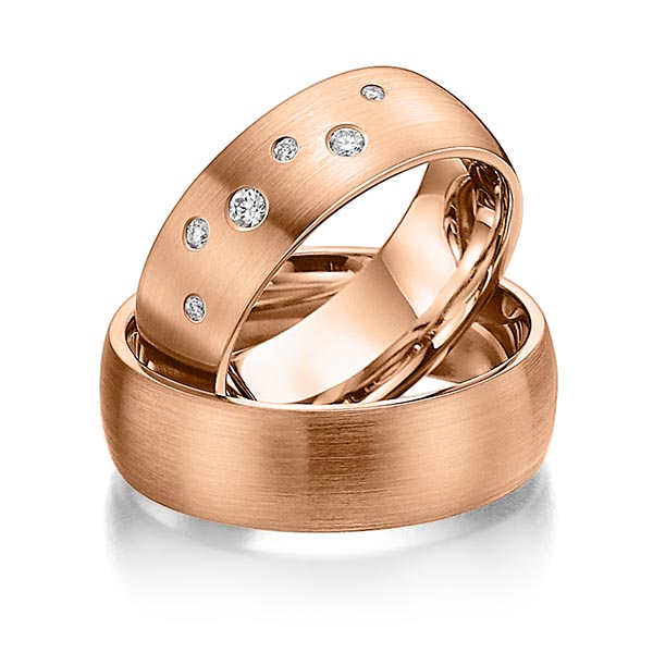 Set Klassieke trouwringen in roodgoud 14 kt. met in totaal 0,12 ct. Briljant tw/si 