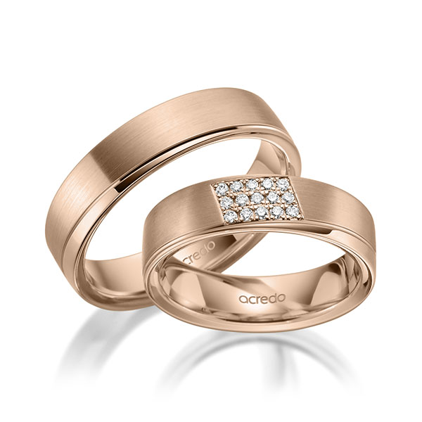 Set Klassieke trouwringen in roodgoud 14 kt. met in totaal 0,12 ct. Briljant tw/si van acredo - A-1978-5 Set Klassieke trouwringen in roodgoud 14 kt. met in totaal 0,12 ct. Briljant tw/si van acredo - A-1978-5