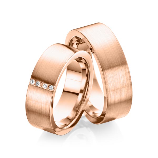 Set klassieke trouwringen in roodgoud 14 kt. met in totaal 0,12 ct. Princess-Diamant tw/si van Steinberg - Q-1077-4