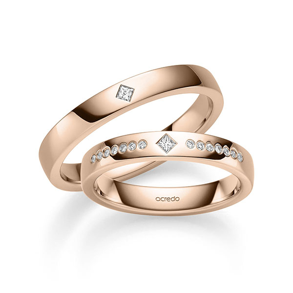 Set klassieke trouwringen in roodgoud 14 kt. met in totaal 0,13 ct. Princess-Diamant & Briljant tw,vs van acredo - S-1375-5 Set klassieke trouwringen in roodgoud 14 kt. met in totaal 0,13 ct. Princess-Diamant & Briljant tw,vs van acredo - S-1375-5