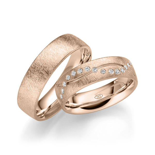 Set Klassieke trouwringen in roodgoud 14 kt. met in totaal 0,15 ct. Briljant tw/si van Merii
