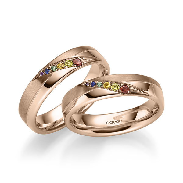 Set Klassieke trouwringen in roodgoud 14 kt. met in totaal 0,176 ct. Briljant Saffier Blauw Red Cherry Saffier Geel Saffier Oranje Apple Green van acredo