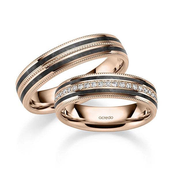 Set Klassieke trouwringen in roodgoud 14 kt. met in totaal 0,192 ct. Briljant tw/si van acredo