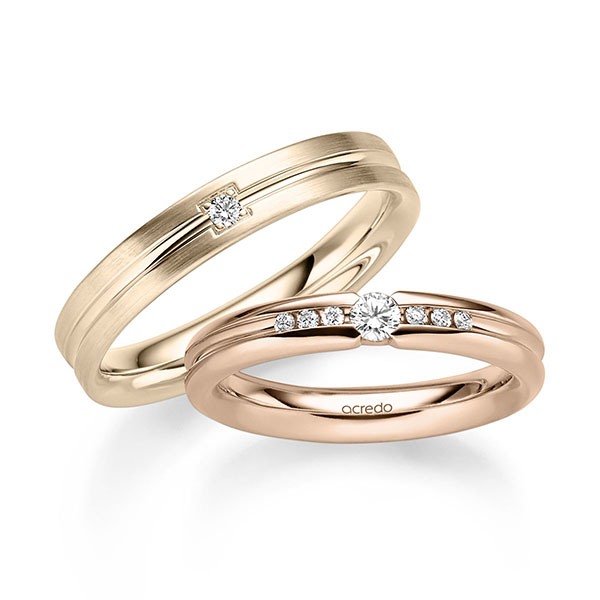 Set Klassieke trouwringen in roodgoud 14 kt. met in totaal 0,19 ct. Briljant tw/si van acredo