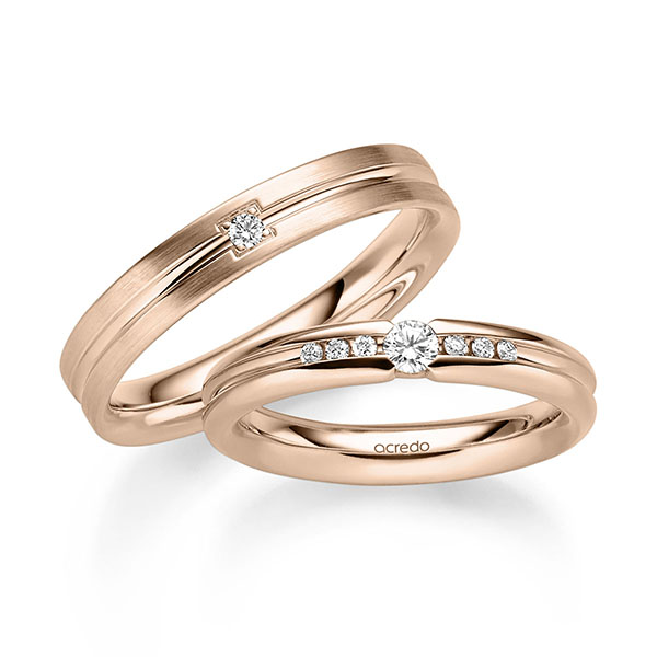 Set Klassieke trouwringen in roodgoud 14 kt. met in totaal 0,19 ct. Briljant tw/si van acredo