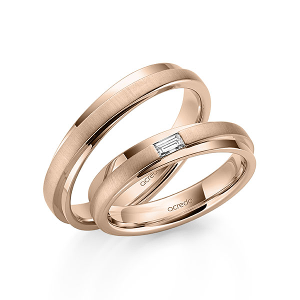 Set Klassieke trouwringen in roodgoud 14 kt. met in totaal 0,1 ct. Baguette-Diamant tw,vs van acredo