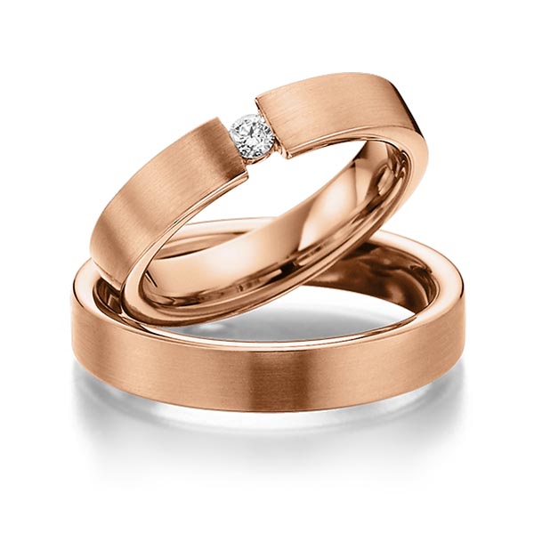 Set Klassieke trouwringen in roodgoud 14 kt. met in totaal 0,1 ct. Briljant tw/si van Eternal Touch