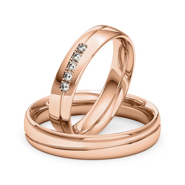 Set Klassieke trouwringen in roodgoud 14 kt. met in totaal 0,1 ct. Briljant tw/si van Merii - M-1265-5 Set Klassieke trouwringen in roodgoud 14 kt. met in totaal 0,1 ct. Briljant tw/si van Merii - M-1265-5