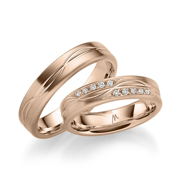 Set Klassieke trouwringen in roodgoud 14 kt. met in totaal 0,1 ct. Briljant tw/si van Merii