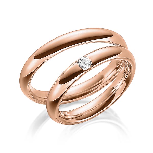 Set klassieke trouwringen in roodgoud 14 kt. met in totaal 0,1 ct. Briljant tw/si van Steinberg - Q-1467-3