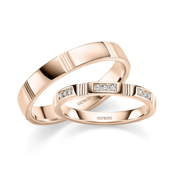 Set Klassieke trouwringen in roodgoud 14 kt. met in totaal 0,21 ct. Briljant tw/si van acredo