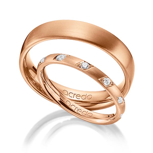 Set klassieke trouwringen in roodgoud 14 kt. met in totaal 0,22 ct. Briljant tw/si van acredo - A-1366-6