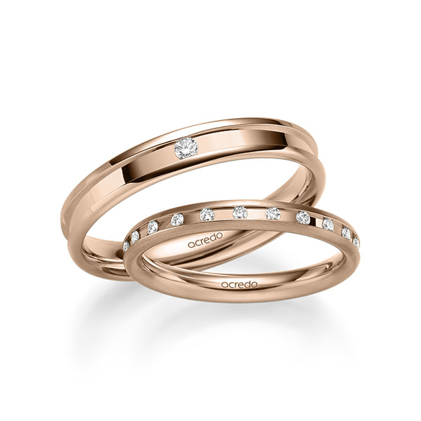 Set Klassieke trouwringen in roodgoud 14 kt. met in totaal 0,26 ct. Briljant tw/si van acredo