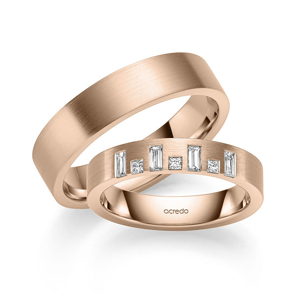 Set Klassieke trouwringen in roodgoud 14 kt. met in totaal 0,26 ct. Princess-Diamant & Baguette-Diamant tw,vs van acredo