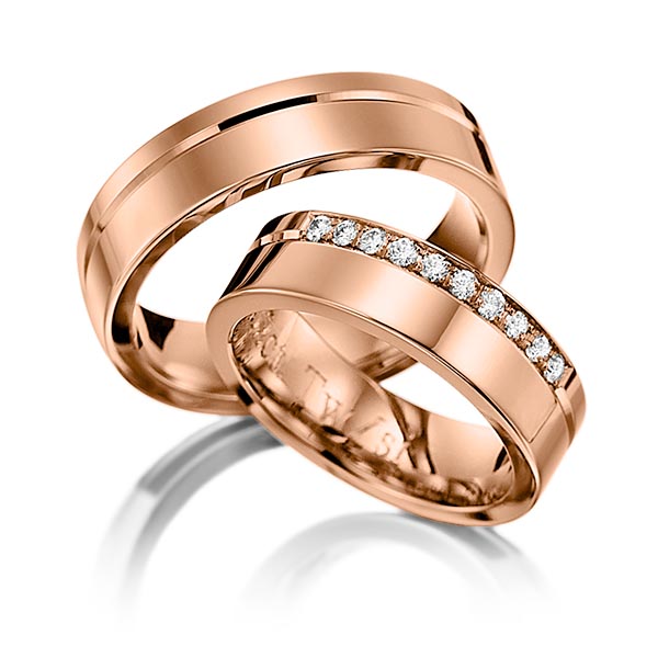 Set Klassieke trouwringen in roodgoud 14 kt. met in totaal 0,2 ct. Briljant tw/si van Eternal Touch - Y-1135-7 Set Klassieke trouwringen in roodgoud 14 kt. met in totaal 0,2 ct. Briljant tw/si van Eternal Touch - Y-1135-7