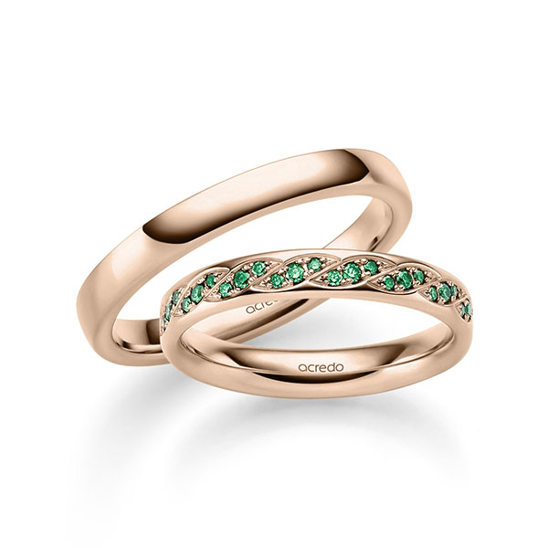 Set klassieke trouwringen in roodgoud 14 kt. met in totaal 0,34 ct. Briljant van acredo