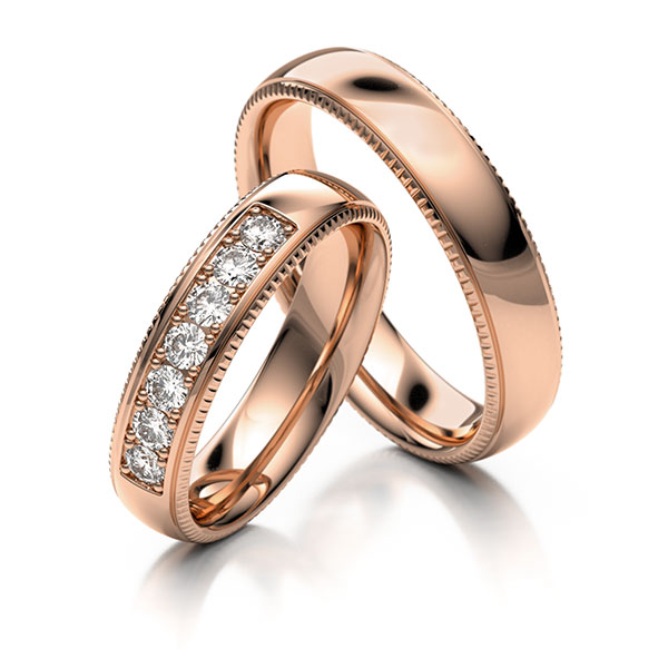 Set Klassieke trouwringen in roodgoud 14 kt. met in totaal 0,35 ct. Briljant tw/si 