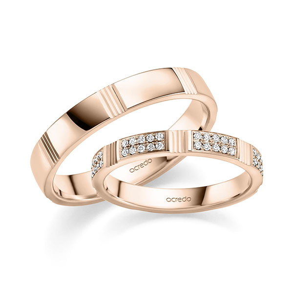 Set Klassieke trouwringen in roodgoud 14 kt. met in totaal 0,35 ct. Briljant tw/si van acredo