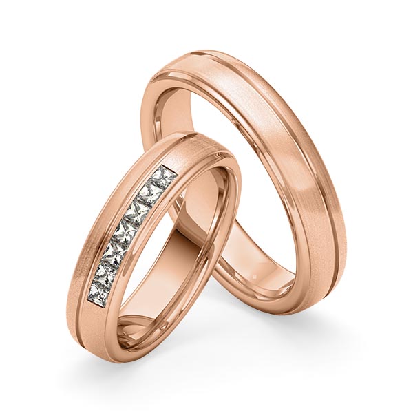 Set Klassieke trouwringen in roodgoud 14 kt. met in totaal 0,35 ct. Princess-Diamant tw,vs van Merii - M-1266-3