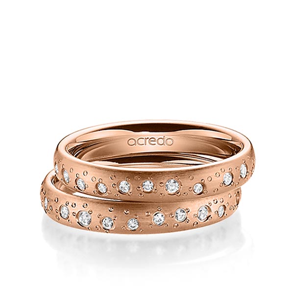 Set klassieke trouwringen in roodgoud 14 kt. met in totaal 0,442 ct. Briljant tw/si van acredo