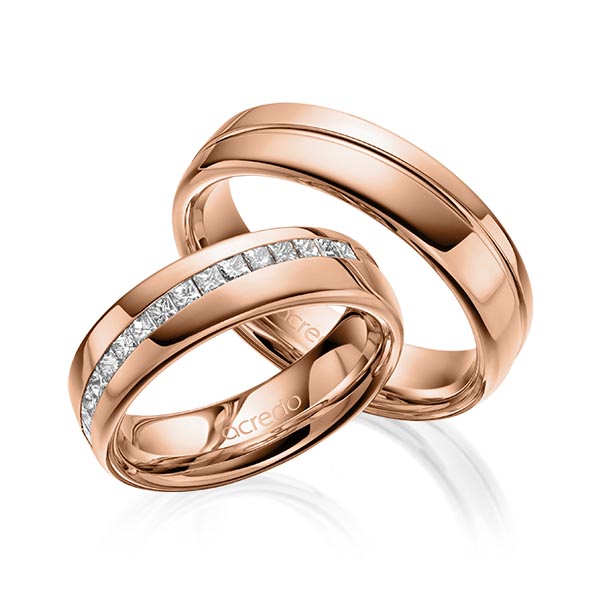 Set Klassieke trouwringen in roodgoud 14 kt. met in totaal 0,48 ct. Princess-Diamant tw,vs van acredo - A-1627-7