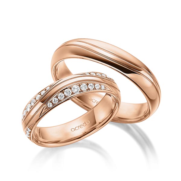 Set Klassieke trouwringen in roodgoud 14 kt. met in totaal 0,576 ct. Briljant tw/si van acredo