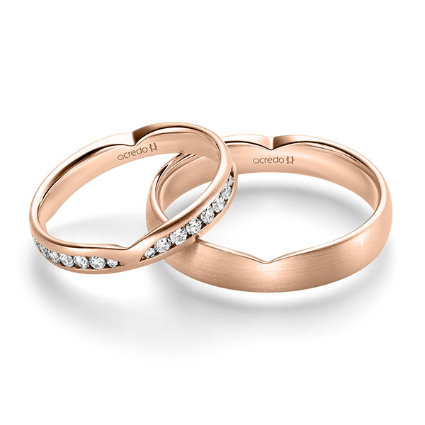 Set Klassieke trouwringen in roodgoud 14 kt. met in totaal 0,624 ct. Briljant tw/si van acredo