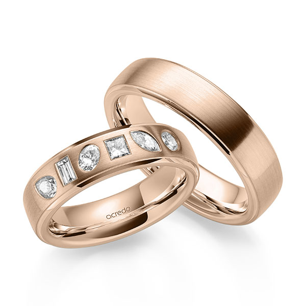 Set Klassieke trouwringen in roodgoud 14 kt. met in totaal 0,64 ct. Baguette-Diamant & Briljant & Princess-Diamant tw,vs tw/si van acredo