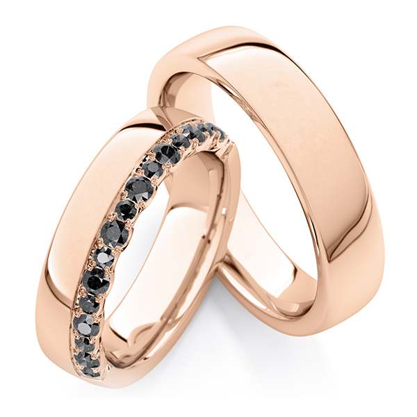 Set Klassieke trouwringen in roodgoud 14 kt. met in totaal 0,76 ct. Zwart van Steinberg