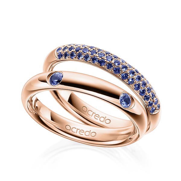 Set klassieke trouwringen in roodgoud 14 kt. met in totaal 0,792 ct. Briljant Saffier Blauw saffier lichtblauw van acredo