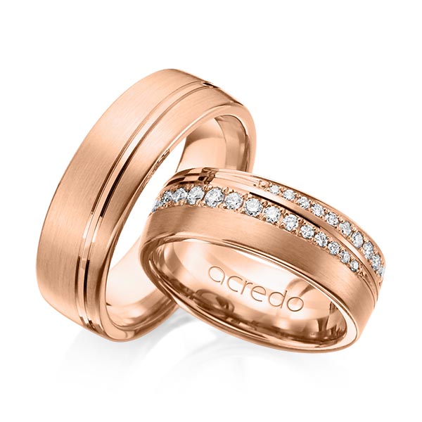 Set Klassieke trouwringen in roodgoud 14 kt. met in totaal 0,884 ct. Briljant tw/si van acredo - A-1155-5 Set Klassieke trouwringen in roodgoud 14 kt. met in totaal 0,884 ct. Briljant tw/si van acredo - A-1155-5