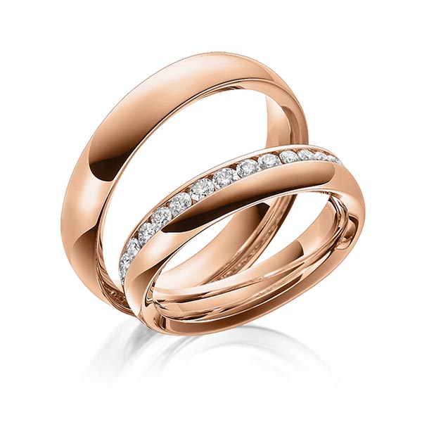 Set klassieke trouwringen in roodgoud 14 kt. met in totaal 0,8 ct. Briljant tw/si van Steinberg
